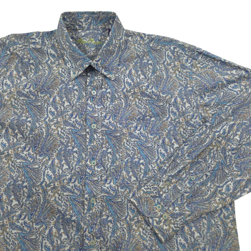 Alan Flusser Paisley Button Down Long Sleeve Shirt Cotton Blue Mens XL‎
